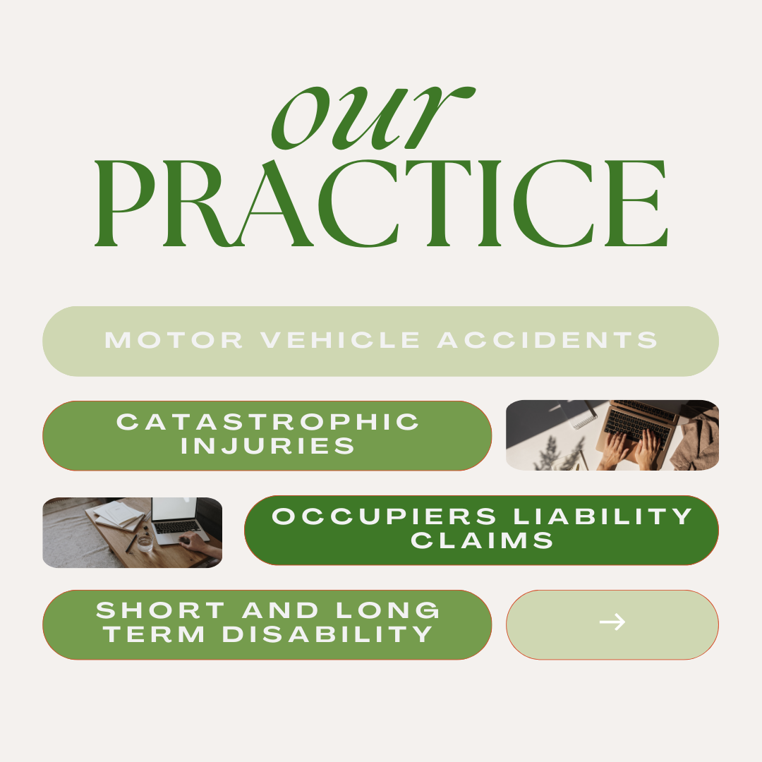 Graphic design for a practice guide on motor vehicle accidents with sections on catastrophic injuries, occupants liability claims, and short and long term disability, featuring images of laptops and workspaces.
