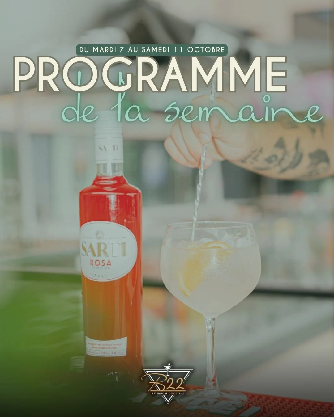 ✨ Programme de la semaine au B22 &ndash; du 7 au 11 octobre ✨

📅 Mardi 7 octobre
Afterwork &amp; Happy Hour 🍹
D&egrave;s 18h, on lance la semaine dans la bonne humeur avec cocktails, tapas et ambiance chill.

📅 Mercredi 8 octobre
🔥 Les Mercredis 