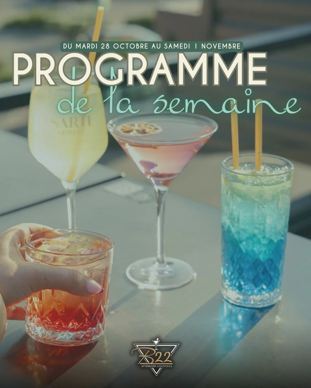 🔥 Le programme de la semaine au B22 🔥
Nouvelle semaine, nouvelles vibes… mais toujours la même ambiance de folie 😎
📅 Mardi – Afterwork
On démarre doucement avec l’Happy Hour et les tapas qui vont bien 🍸
💃 Mercr