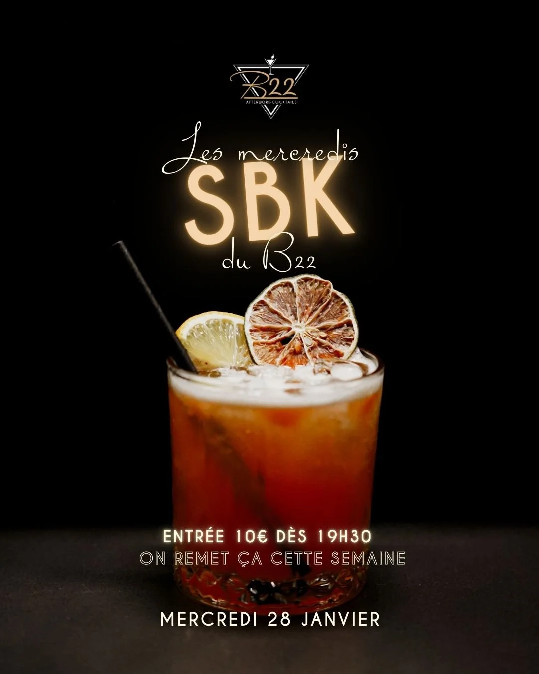 🔥 MERCREDI SBK AU B22 🔥
Ce mercredi 28 janvier, la piste s&rsquo;enflamme &agrave; Salon-de-Provence 💃🕺

Au programme :
💥 20h15 &ndash; 21h00 : cours de Kizomba avec Charly &amp; Morgane
🎶 D&egrave;s 21h00 : soir&eacute;e SBK pour danser sans c