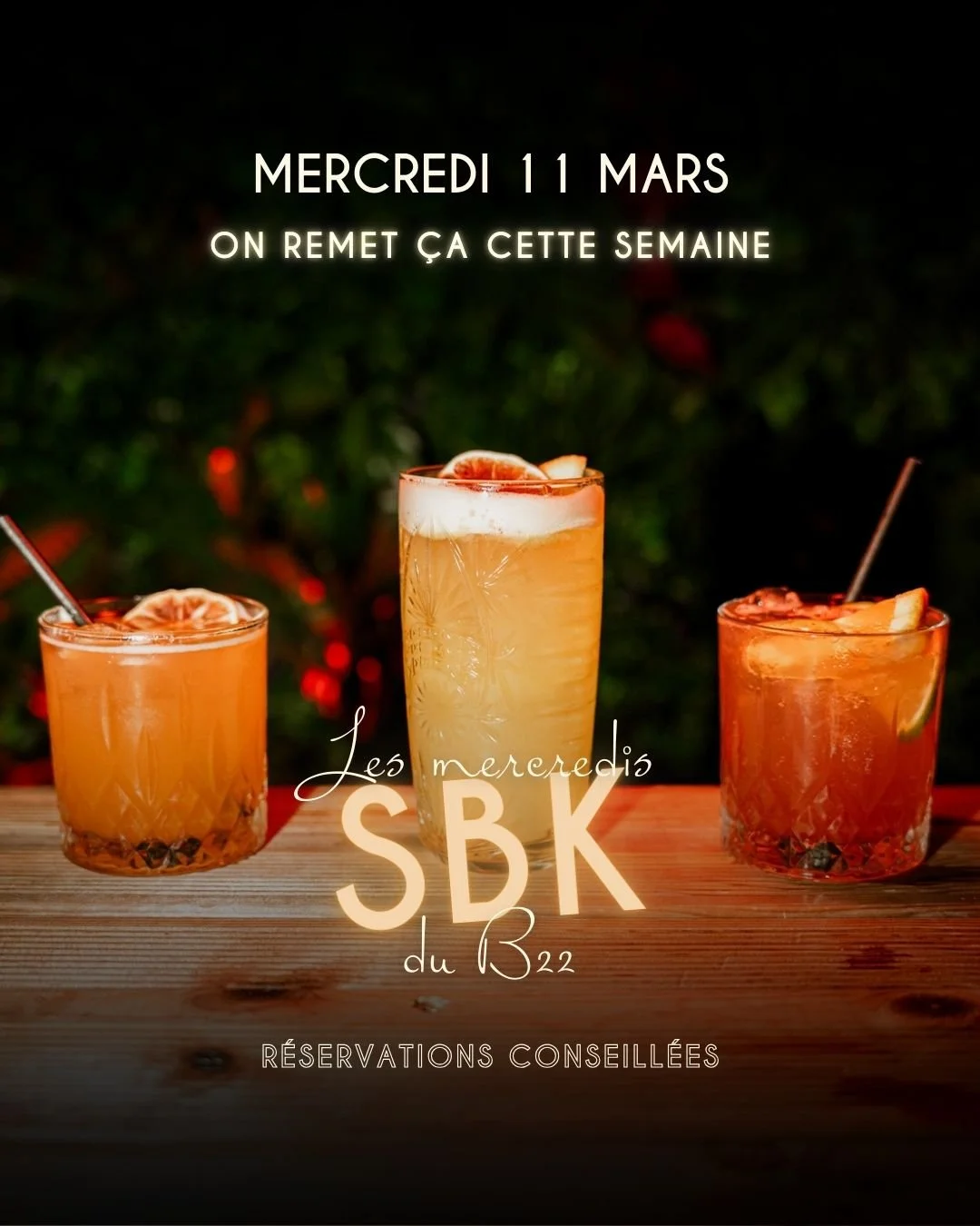 💃🔥 MERCREDI 11 MARS &ndash; SOIR&Eacute;E SBK 🔥🕺

Mercredi, on se retrouve pour notre rendez-vous SBK.

Salsa, Bachata, Kizomba&hellip;
Une piste ouverte &agrave; tous, d&eacute;butants comme confirm&eacute;s.

🍸 Cocktails
🍴 Restauration sur pl