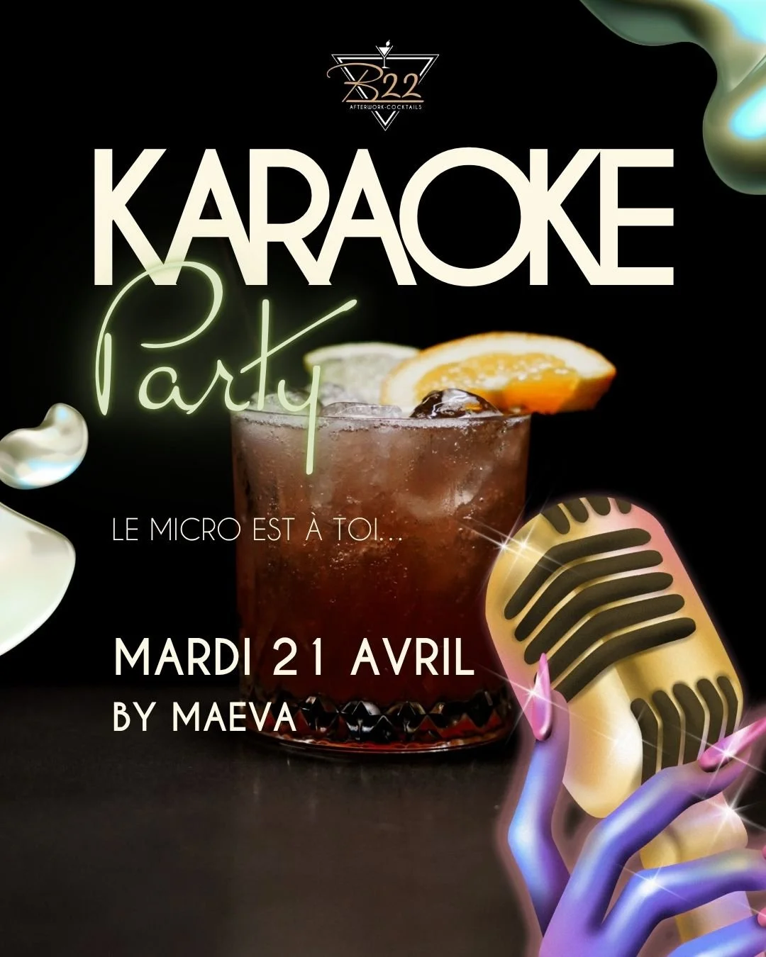 🎤✨ MARDI 21 AVRIL &ndash; KARAOK&Eacute; PARTY BY MA&Euml;VA ✨🎤

On monte le son&hellip; et surtout ta voix 😏

Que tu chantes juste, faux ou tr&egrave;s fort, le seul objectif c&rsquo;est de passer une bonne soir&eacute;e 🎶

🎤 Karaok&eacute; ani