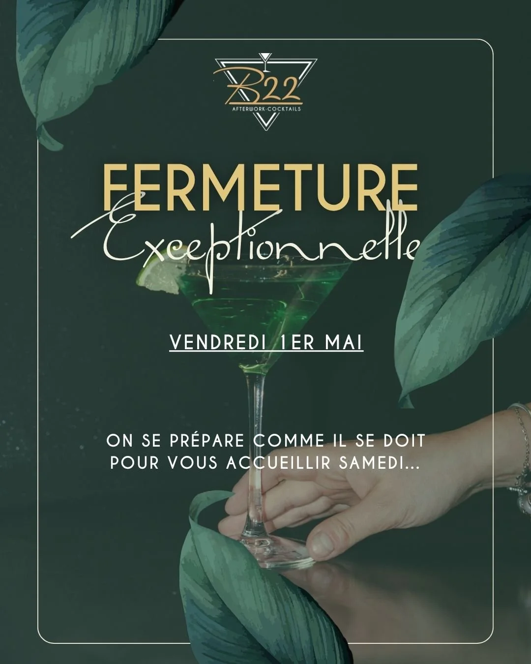 ⚠️ FERMETURE EXCEPTIONNELLE ⚠️

Le B22 sera ferm&eacute; ce vendredi 1er mai.

On se pr&eacute;pare comme il se doit pour vous accueillir samedi&hellip;
👉 opening de la terrasse 😏

On se retrouve tr&egrave;s vite pour lancer la saison ensemble 🌿🍸
