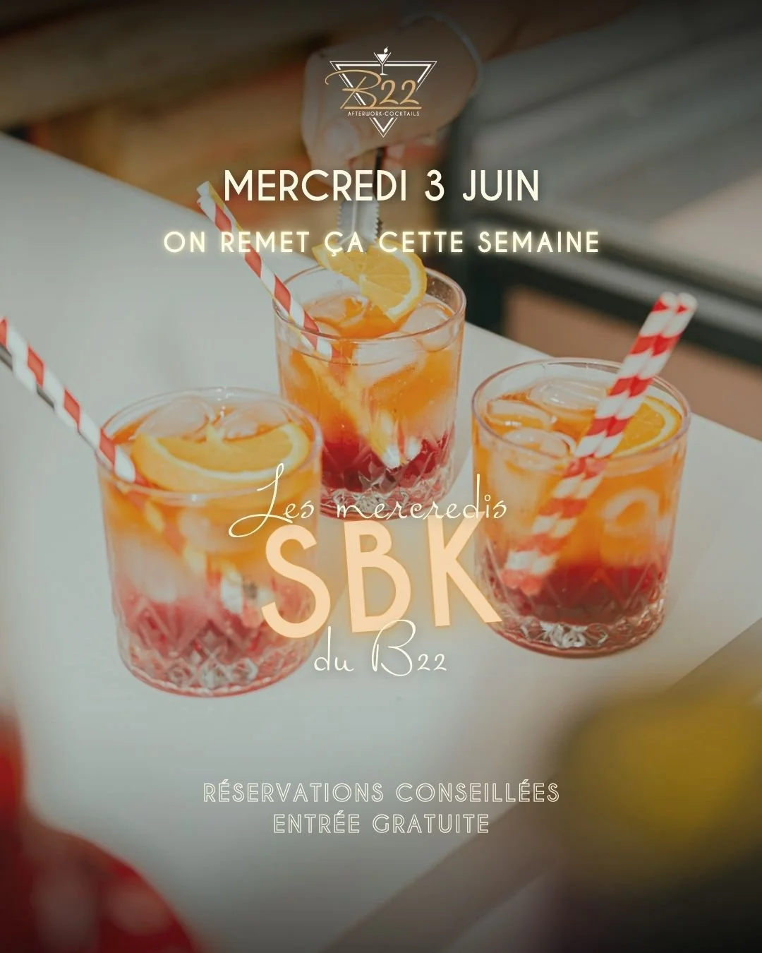 💃🔥 MERCREDI 3 JUIN &ndash; SOIR&Eacute;E SBK 🔥🕺

Bonne nouvelle : cette semaine, l&rsquo;entr&eacute;e est gratuite 😏

On se retrouve au B22 pour une soir&eacute;e plac&eacute;e sous le signe de la salsa, bachata et kizomba, dans une ambiance co
