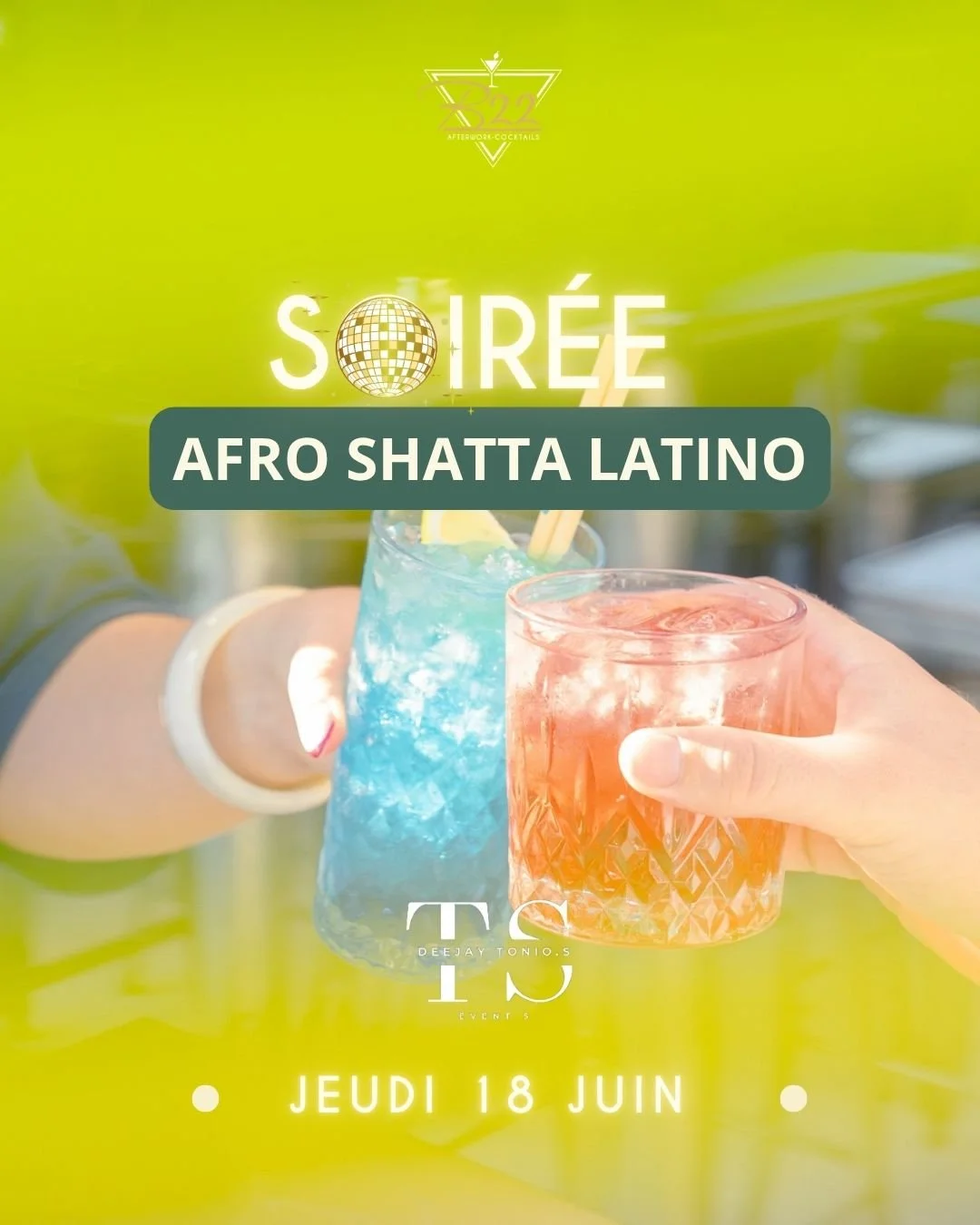 🔥🌴 JEUDI 18 JUIN &ndash; AFRO &bull; SHATTA &bull; LATINO 🌴🔥

Le jeudi, &ccedil;a se passe au B22 😏

🎧 DJ Tonio.S aux platines pour une soir&eacute;e rythm&eacute;e entre afro, shatta et vibes latino
💃 Une ambiance caliente du d&eacute;but &ag