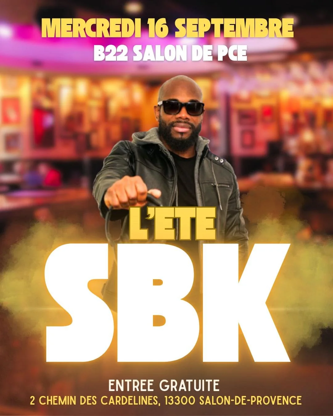 💃🌙 MERCREDI 16 SEPTEMBRE &ndash; SOIR&Eacute;E SBK 🌙🕺

L&rsquo;&eacute;t&eacute; sera chaud &agrave; Salon-de-Provence&hellip; alors on ouvre la terrasse pour vous faire danser sous les &eacute;toiles ✨

🎶Salsa, Bachata, Kizomba avec Dj Sam.
🍹C