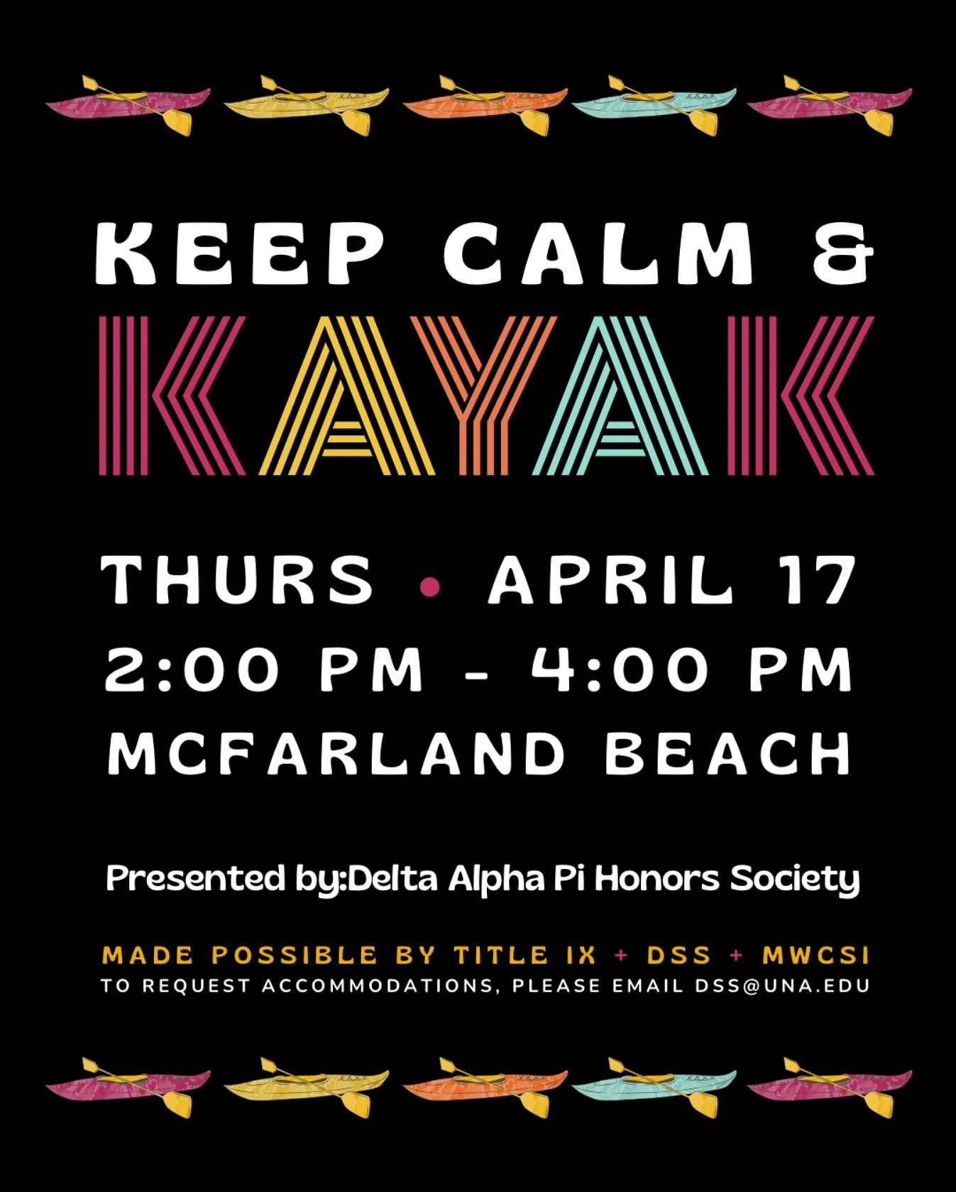 Keep calm and kayak with us! 🛶

We&rsquo;re hitting the water at McFarland Beach for a chill afternoon of paddling, sunshine, and fun.

📅 April 17th
⏰ 2&ndash;4 PM

No experience needed&mdash;just bring yourself and we&rsquo;ll take care of the res