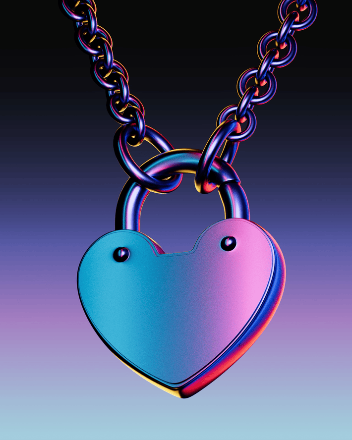 A heart-shaped padlock with a metallic rainbow finish hanging from a chain. Tiffany locket in purple and blue. Houdini simulation of jewelry.