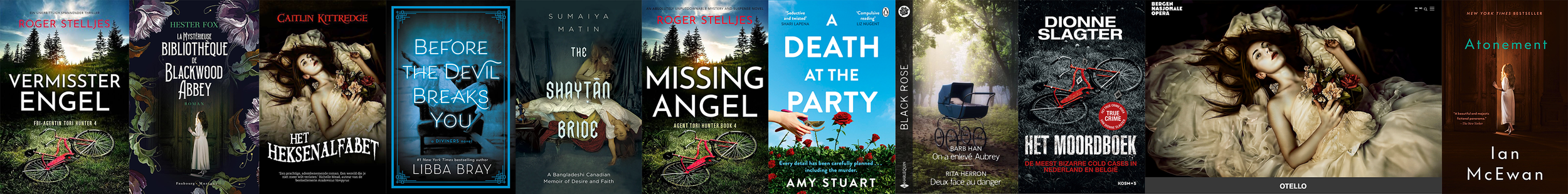 Book covers from various authors, featuring titles like 'Vermisst Engel,' 'Het Heksenalfabet,' 'Before the Devil Breaks You,' and others.