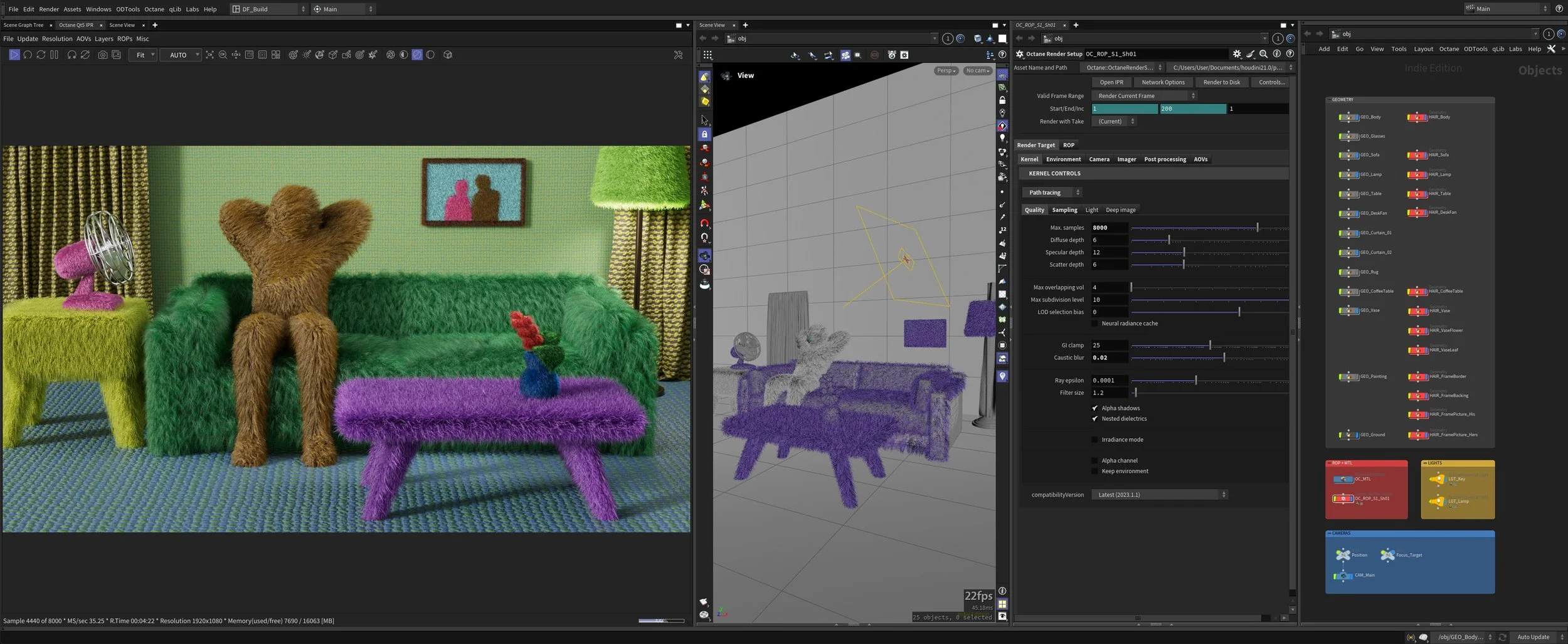 A colorful, plush living room scene with a brown fur-textured creature sitting on a green couch, a purple fuzzy table with a red flower in a blue vase, a green furry armchair, a yellow side table with a pink fuzzy fan, a textured blue. BTS Houdini.