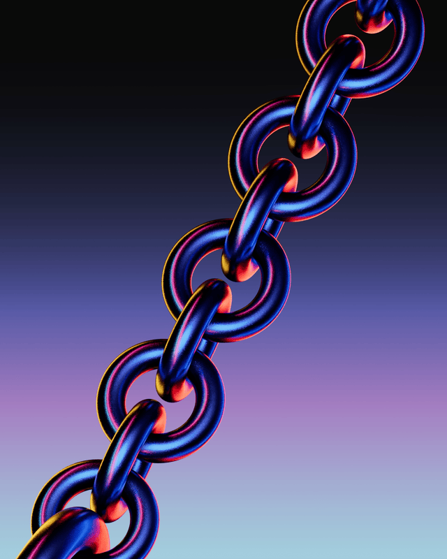 A digitally rendered close-up of a metallic chain with interlocking links against a gradient dark background.