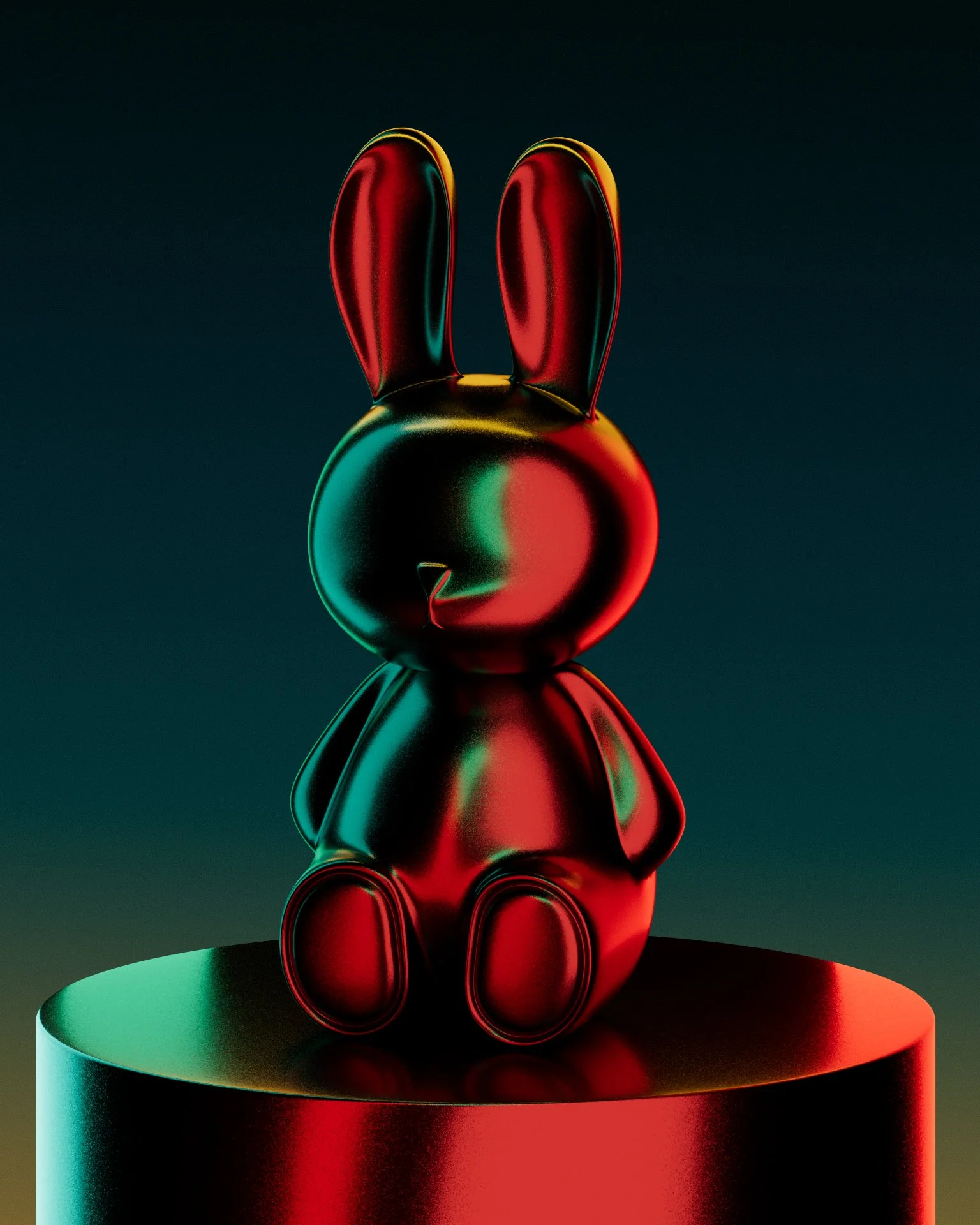 A shiny, metallic, red Bunny-shaped sculpture with long ears, standing on a circular platform in a dark environment with colorful reflections.