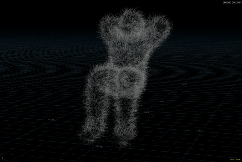 Digital rendering of a fur simulation, furry creature made in Houdini on a black grid background.