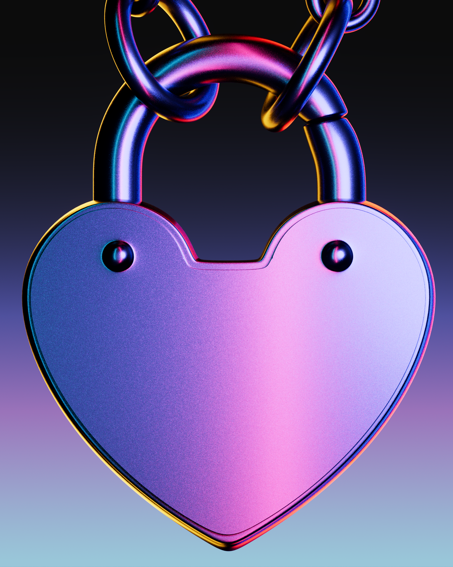 A close-up of a heart shaped Tiffany jewelry padlock or love locket with a metallic, rainbow-colored finish, against a blurred gradient background.