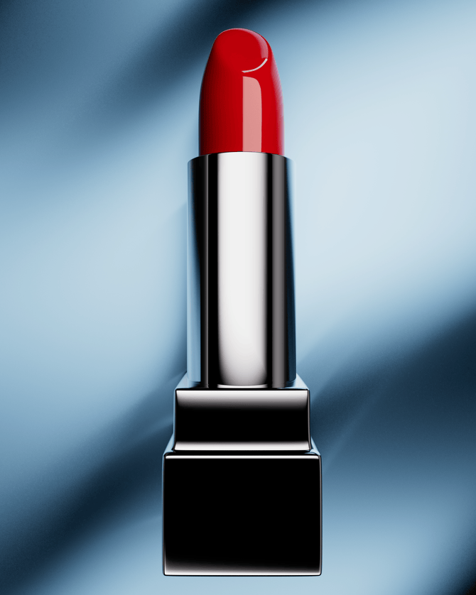 Red lipstick in black and silver case melts against a shiny blue metallic background.