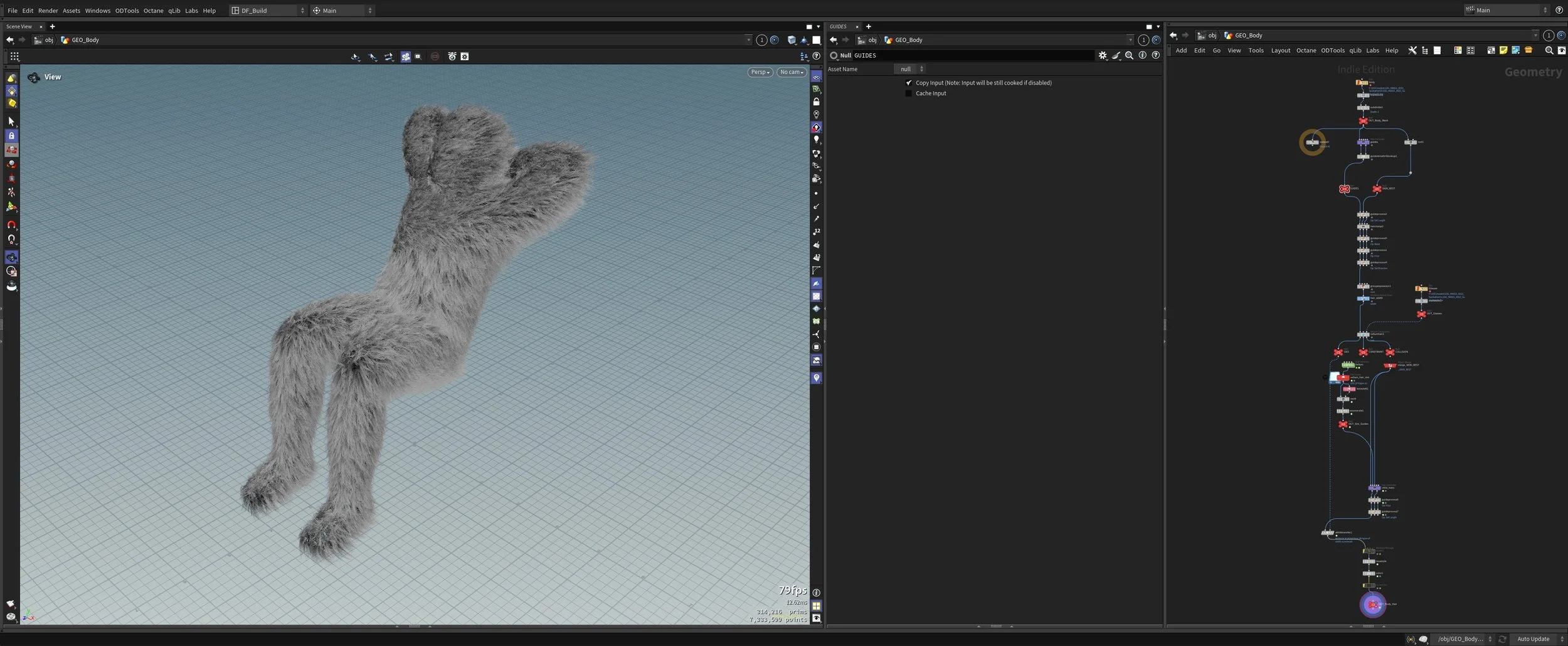 A 3D digital rendering of a furry animal viewed from behind, with a grid background in a 3D modeling software environment. Houdini and Octane simulation.