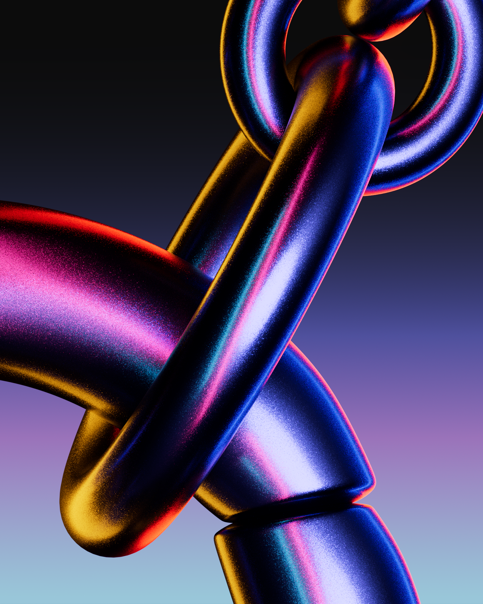Abstract digital art featuring intertwined metallic chain with gradient reflections in blue, purple, pink, and gold hues, set against a dark background. Tiffany jewelry.