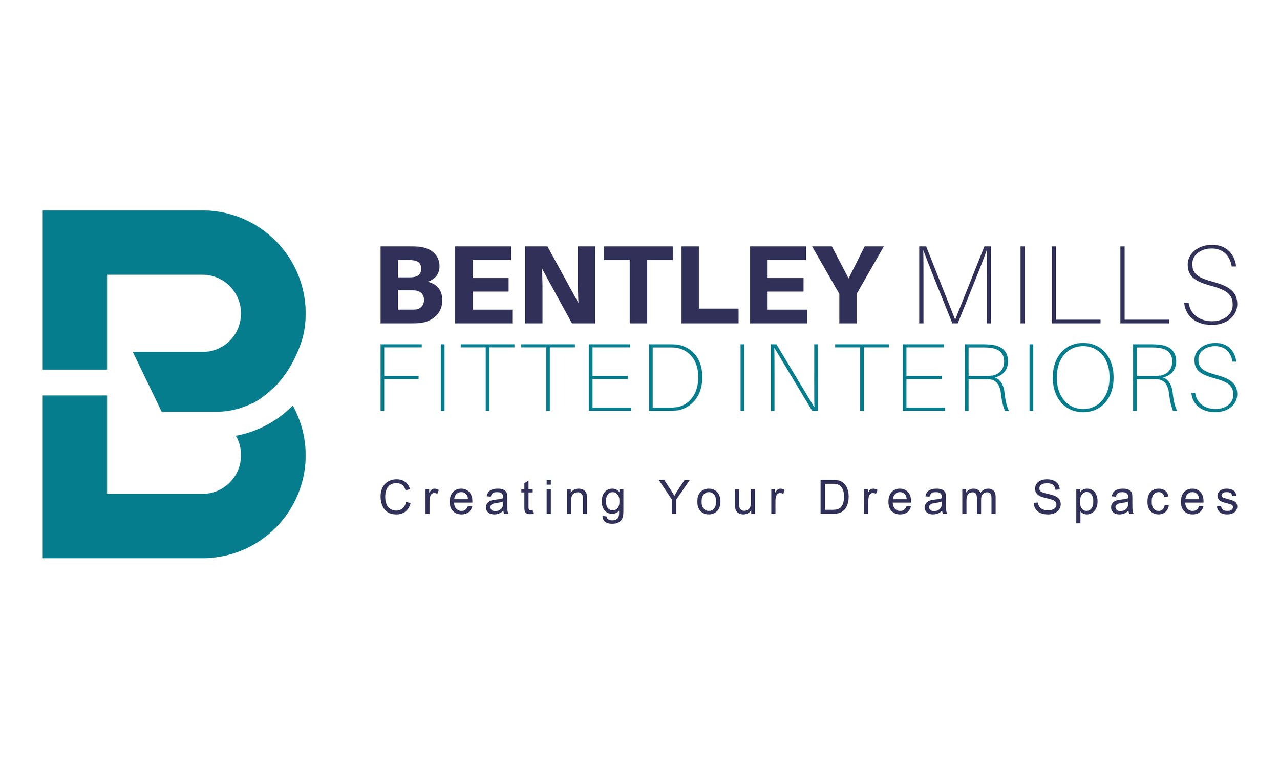 Logo for Bentley Mills Fitted Interiors with a large teal stylized letter B, the company name in navy and teal text, and the slogan "Creating Your Dream Spaces" in navy text.