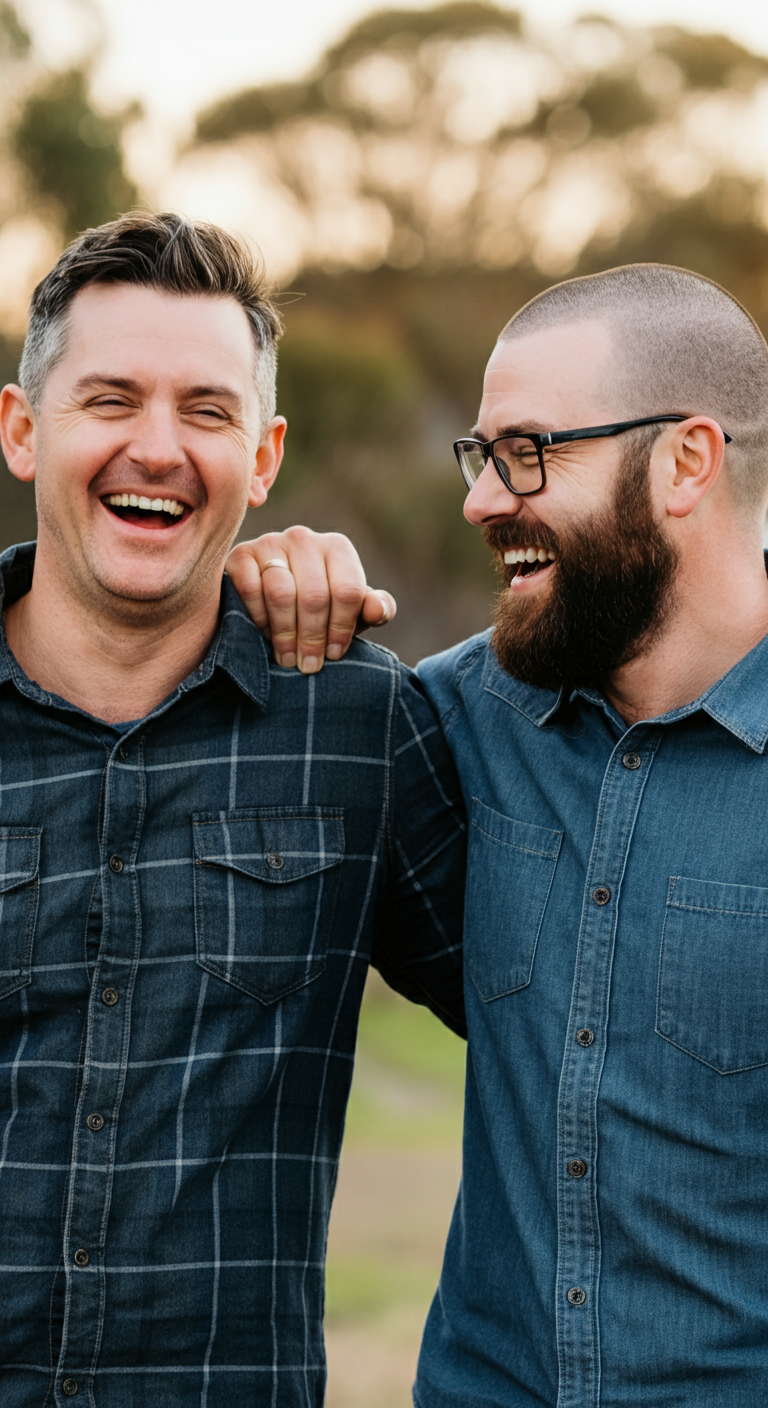 Two men smiling, one with arm around the other, outdoors wearing blue shirts.