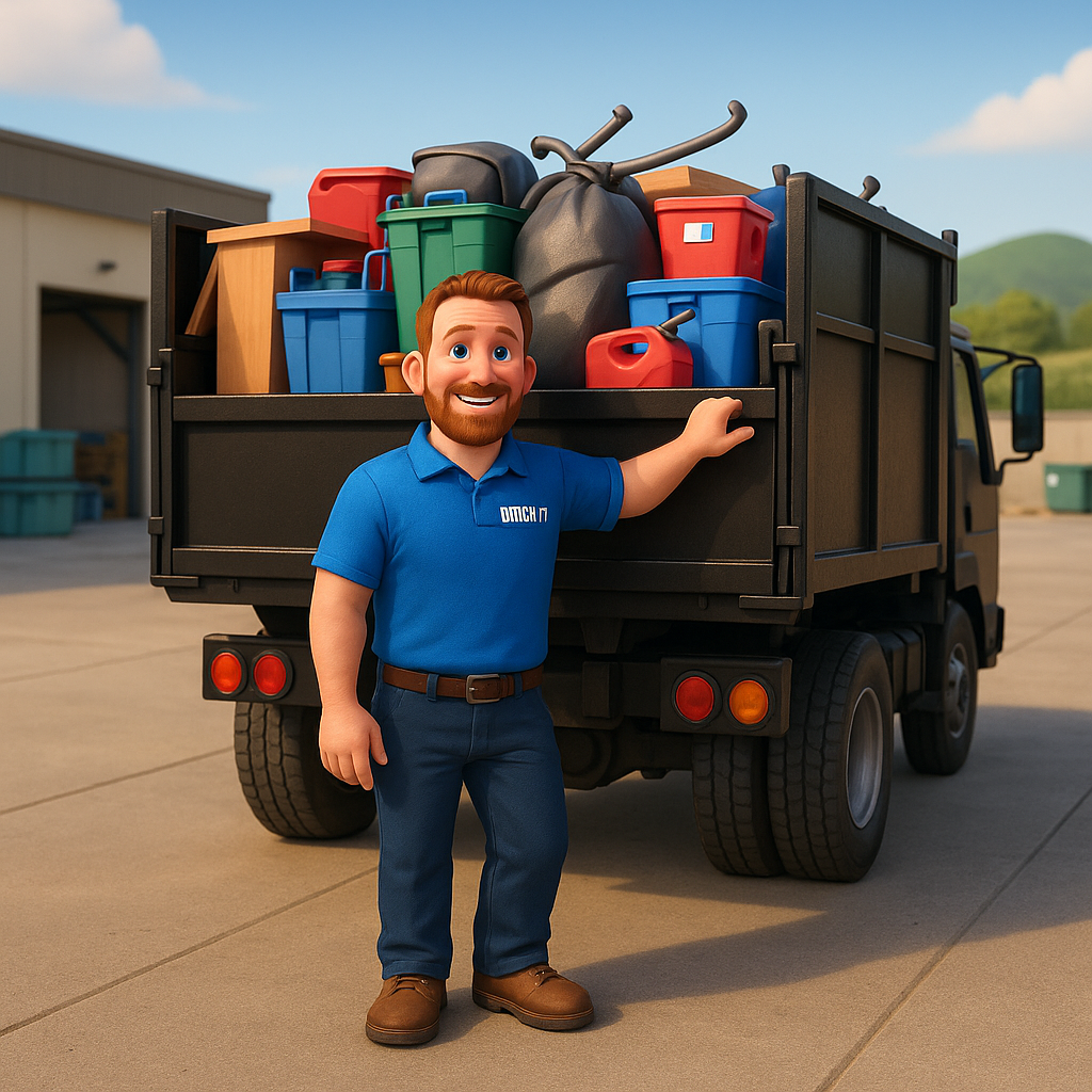 A smiling man in a blue uniform standing in front of a truck filled with various tools and equipment. The truck is parked outdoors with a building and green hills in the background.