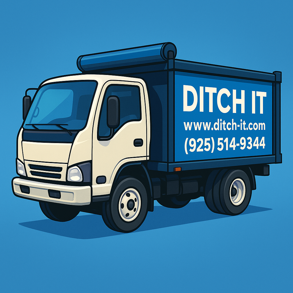 Illustration of a moving truck with the company name 'DITCH IT' and contact information on the side, set against a blue background.
