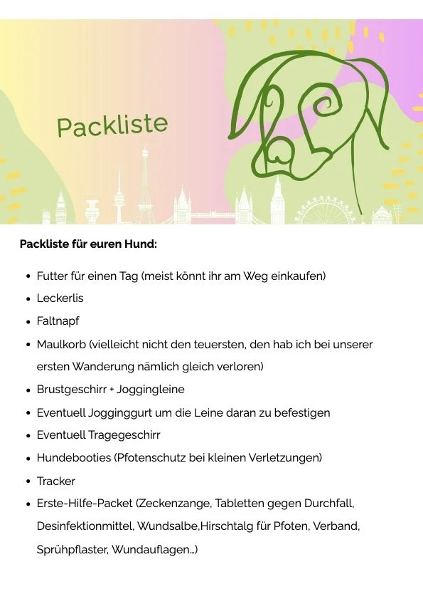 Grafik mit Hund und Packliste für Spaziergänge, bunte Stadtansicht im Hintergrund, handgezeichnetes Hundeschema
