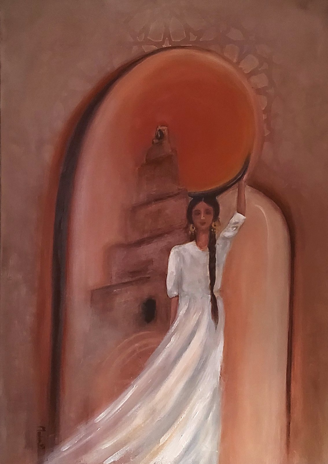 painting of almalwiya and a woman in brown colours