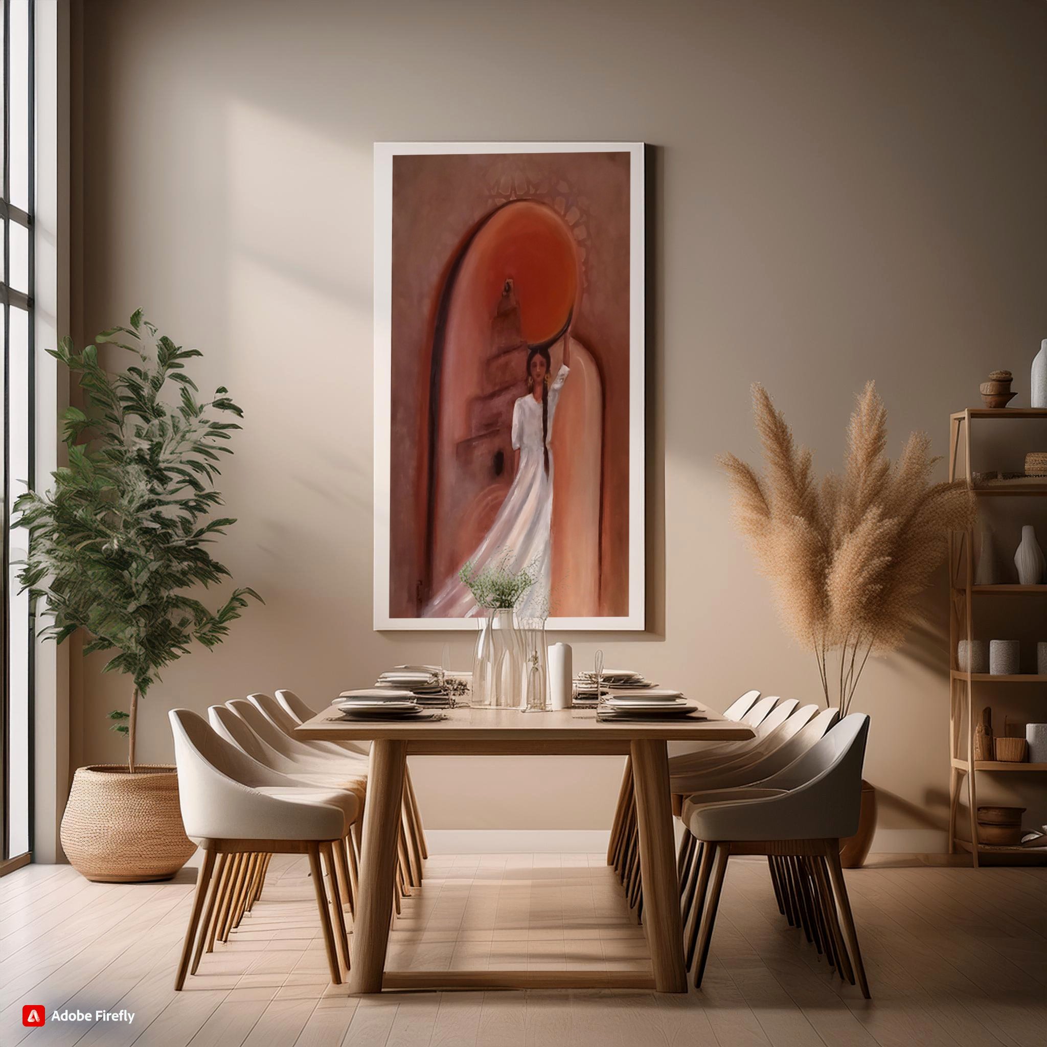 al malwiya painting on the wall in neutral dining room