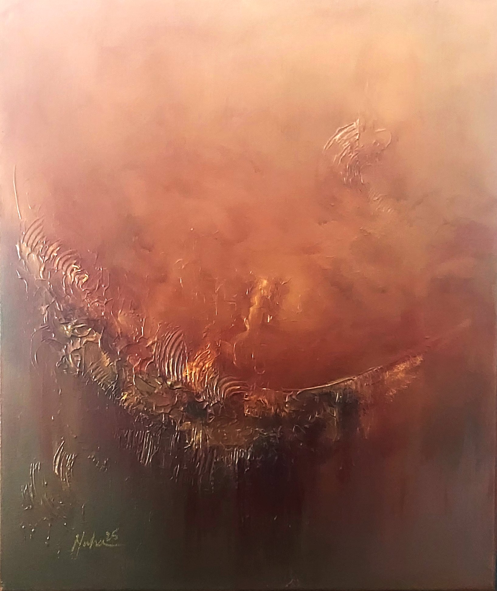 abstract painting in green, rusty gold and brown with shades of earthy colours