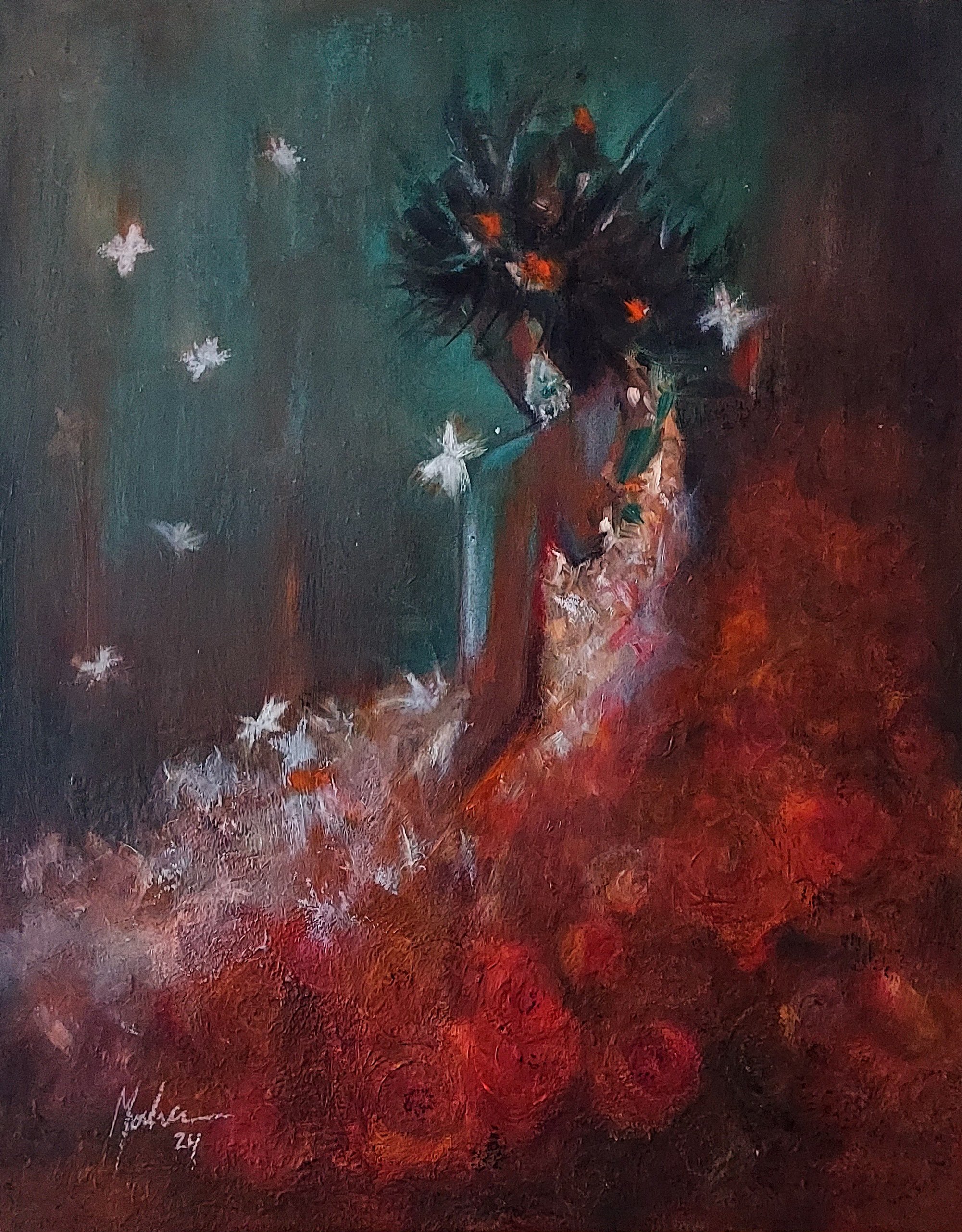 A dark skin woman in white dress painted with brushstrokes like butterflies leaning on orange roses painted in abstract way on a green background with stroked butterflies flying around the painting