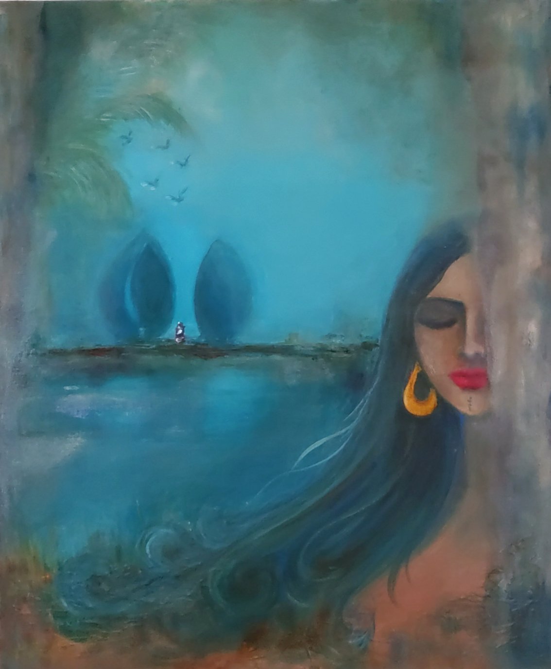 beautiful baghdad painting in blue and neutral colours