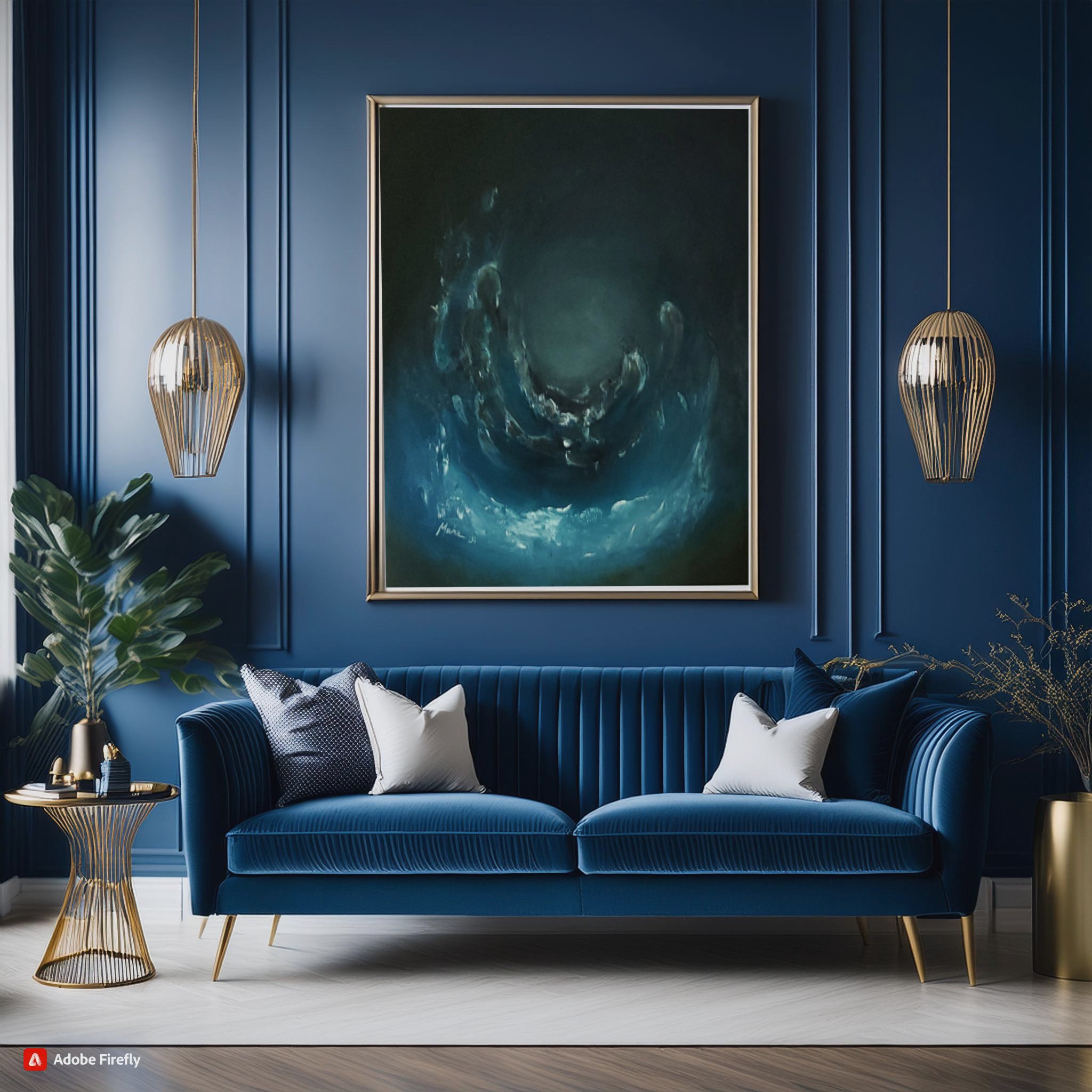 moonlit waves abstract painting on wall in blue living room