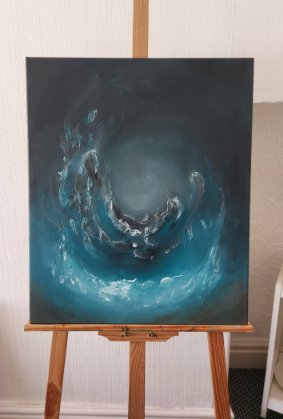 moonlit waves abstract painting on easel