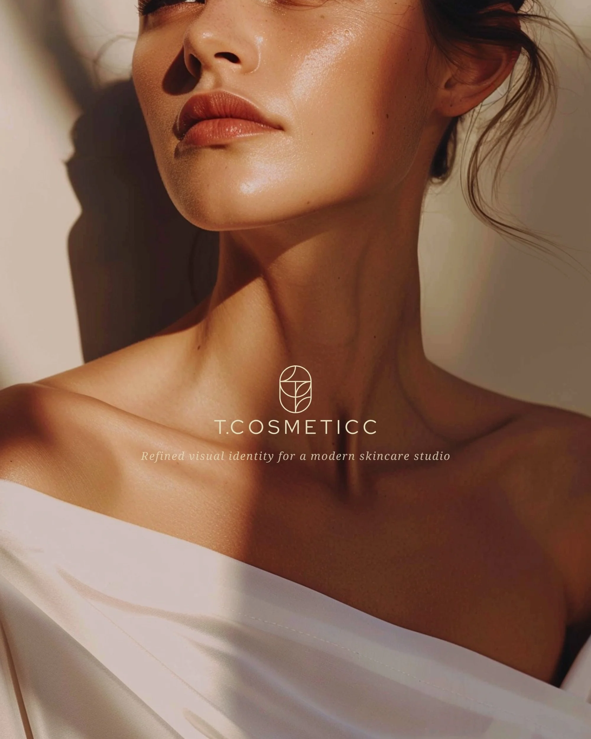 Refined brand identity for T Cosmeticc skincare studio, featuring warm skin tones, natural light and elegant minimal aesthetic
