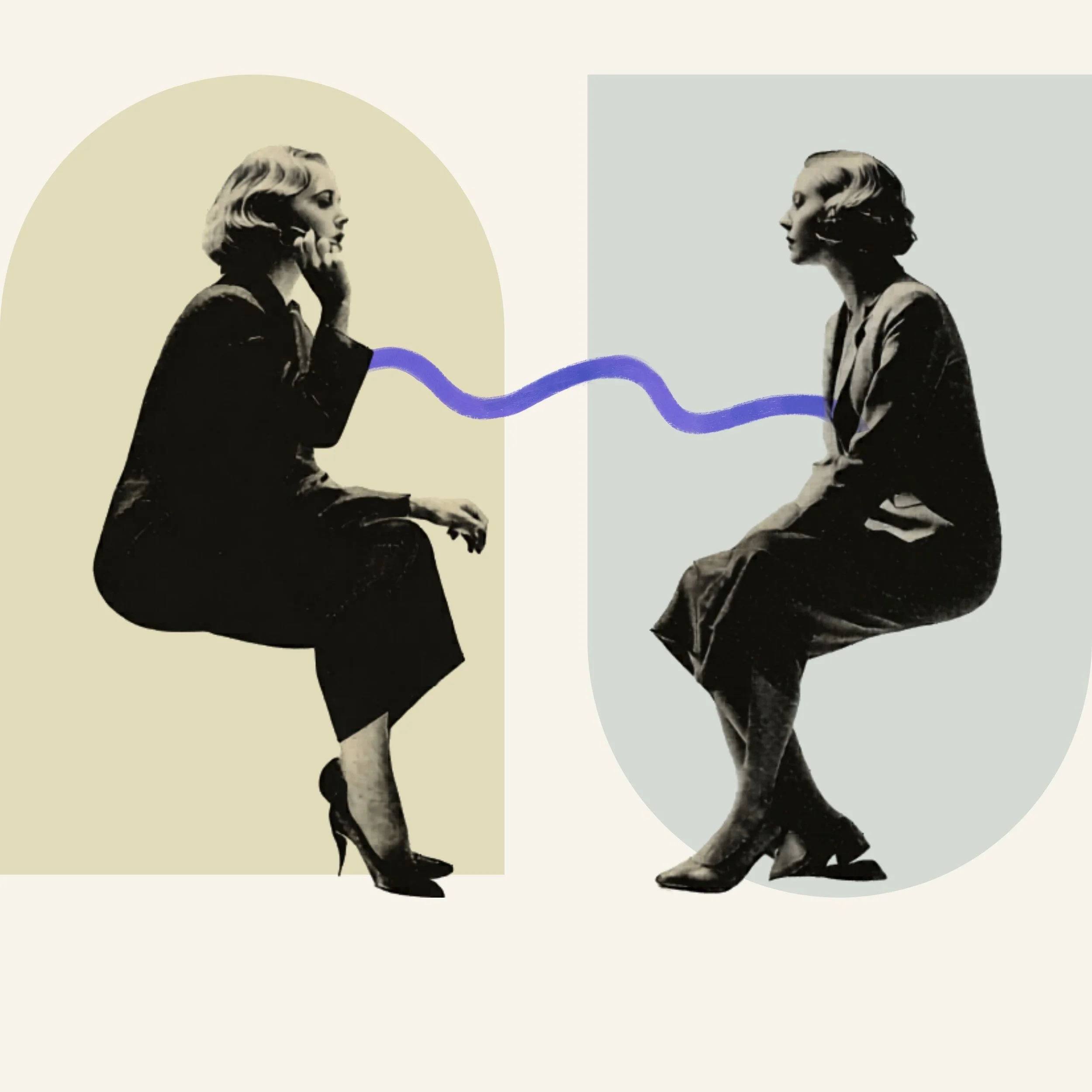 Editorial contact illustration with two abstract figures connected by a line, representing collaboration and creative partnership