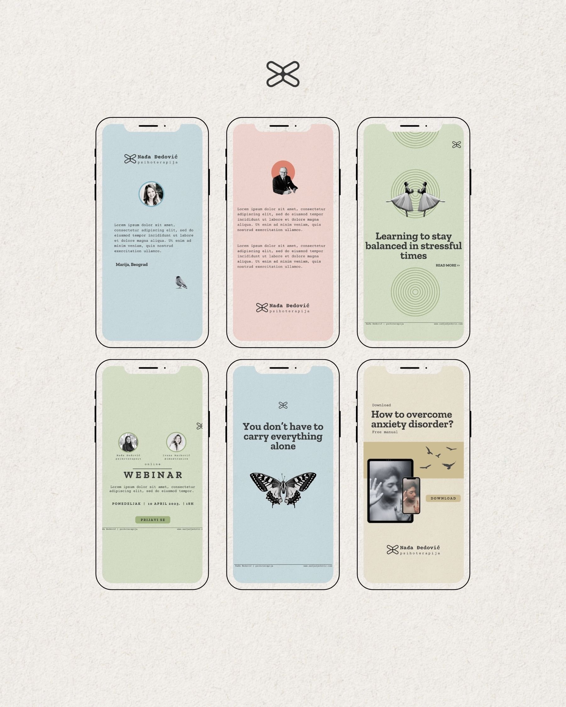 Minimal editorial smartphone mockup showing social media templates for Nađa Đedović Psychotherapy brand identity in soft pastel tones.