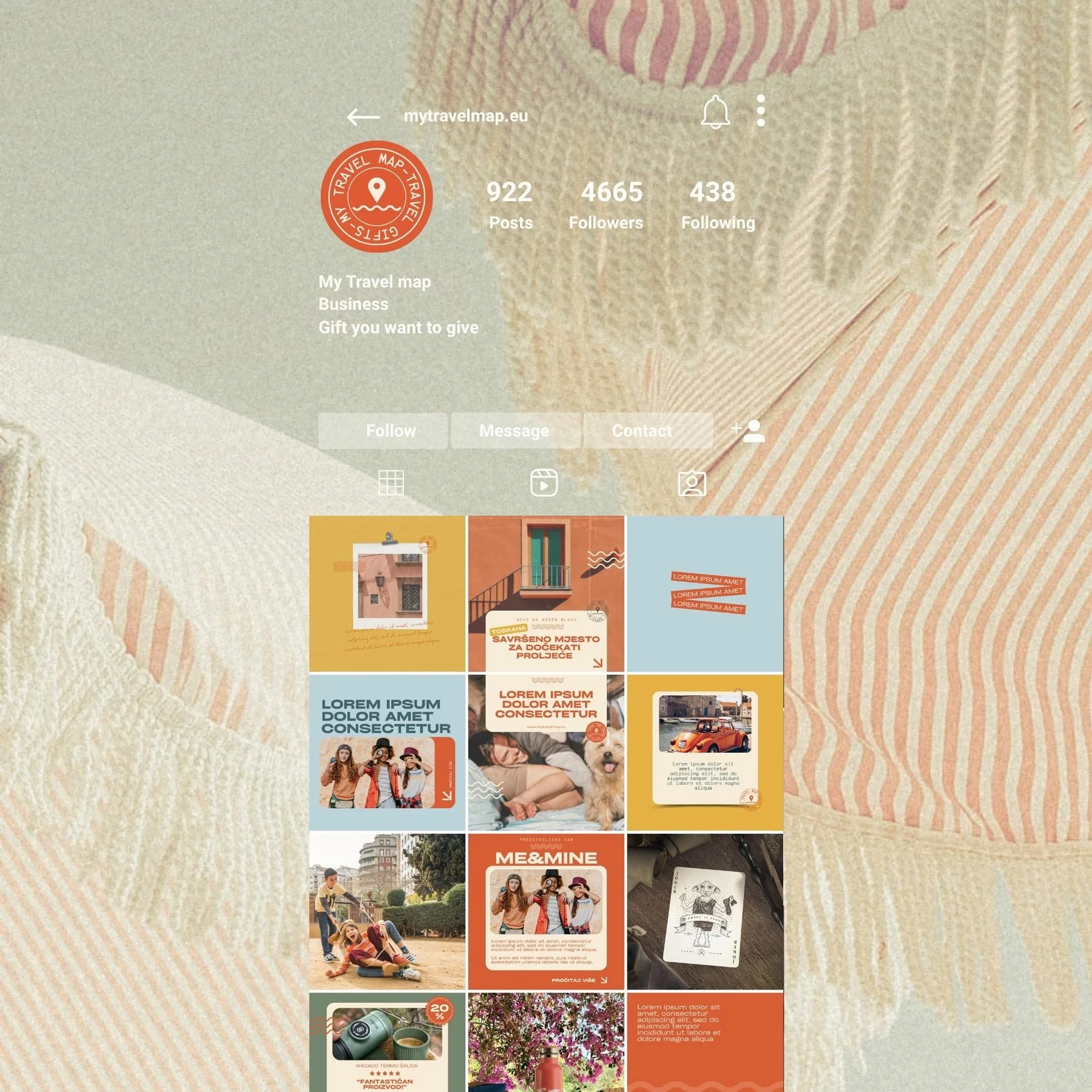My Travel Map Instagram feed mockup showcasing travel brand identity, social media design and Mediterranean-inspired visual system