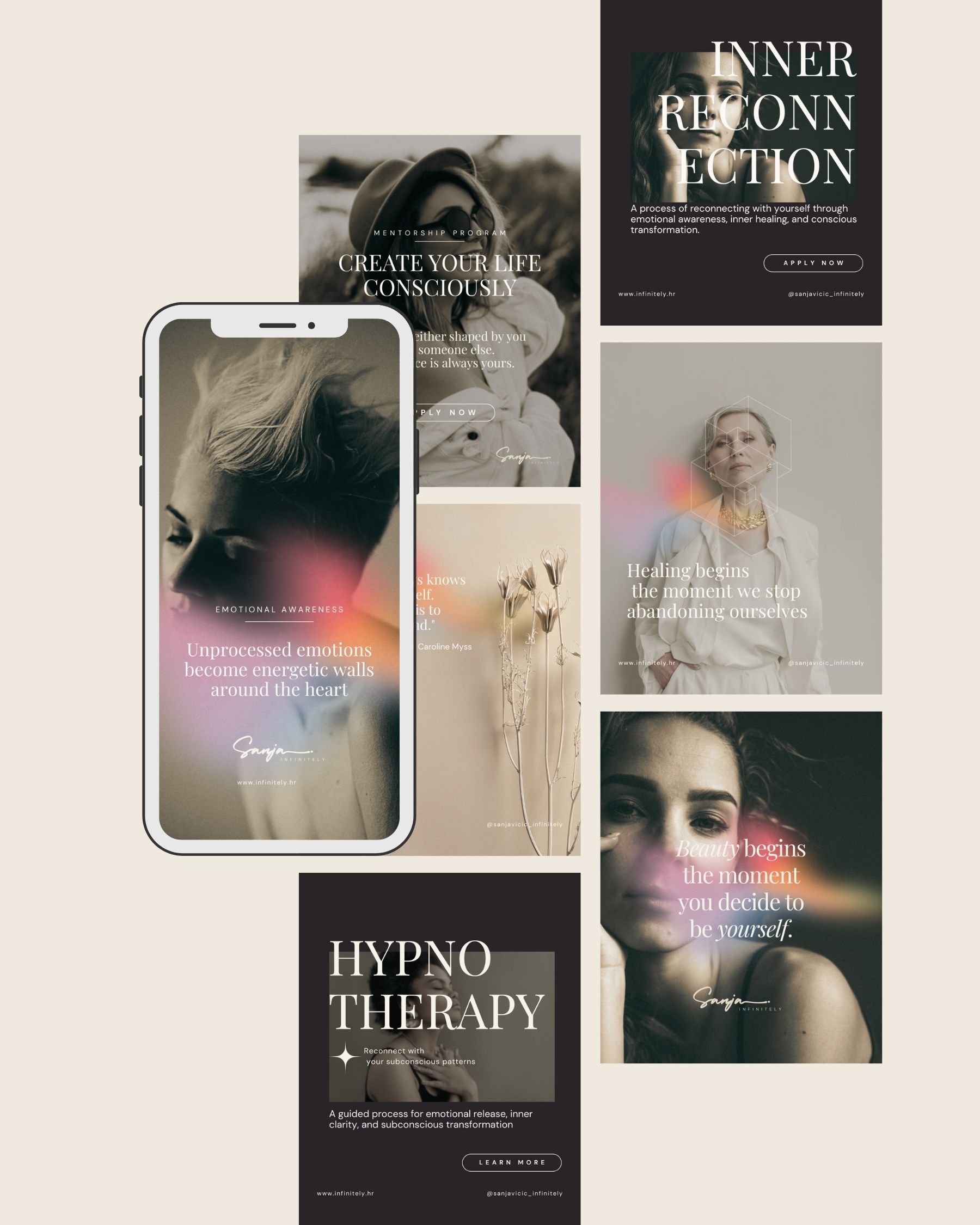 Editorial social media brand system designed for Sanja Infinitely, featuring emotional wellness visuals, blurred light gradients, luxury typography, and atmospheric content templates for a spiritual healing and mentorship brand