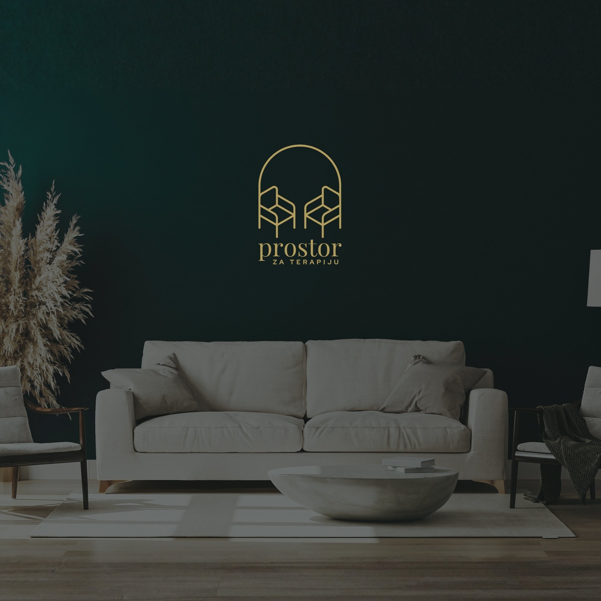 Brand identity for psychotherapy practice Prostor shown on calm interior scene with logo and neutral colors.