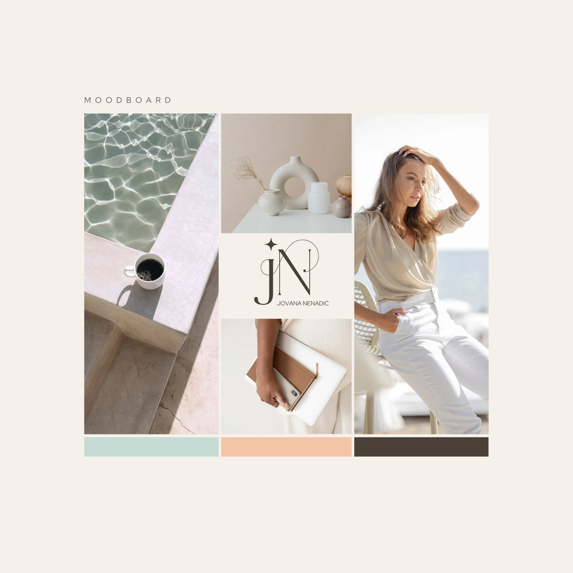 Editorial moodboard for psychological counselling personal brand featuring calm neutral tones, Mediterranean-inspired imagery, minimal typography and feminine luxury aesthetic