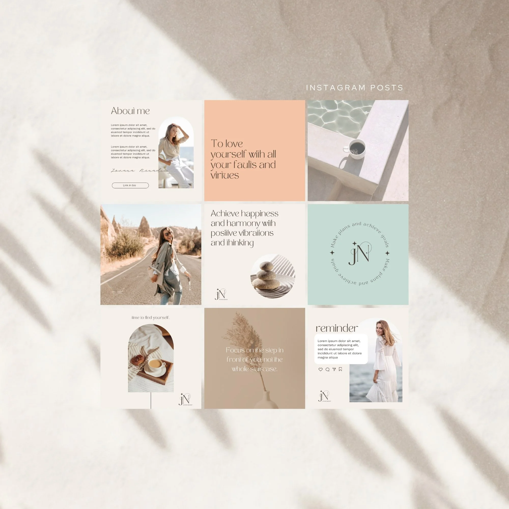 Instagram post grid for psychological counselling personal brand featuring calm neutral tones, elegant typography and soft editorial wellness aesthetic