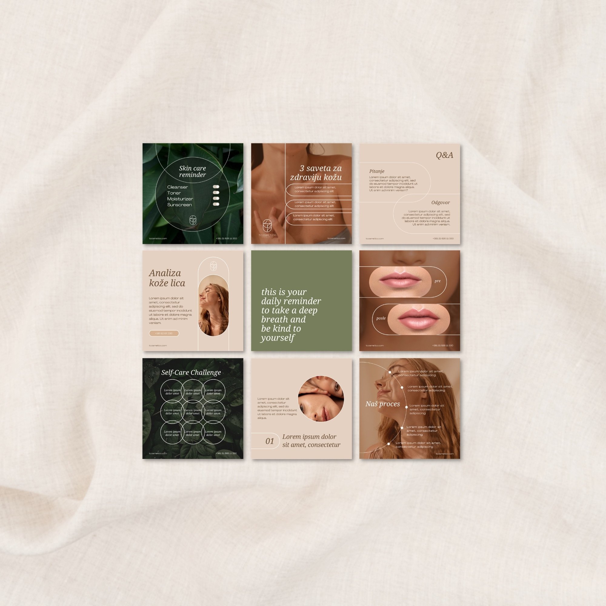 Instagram feed design templates for T Cosmeticc skincare brand showing cohesive social media visual identity system