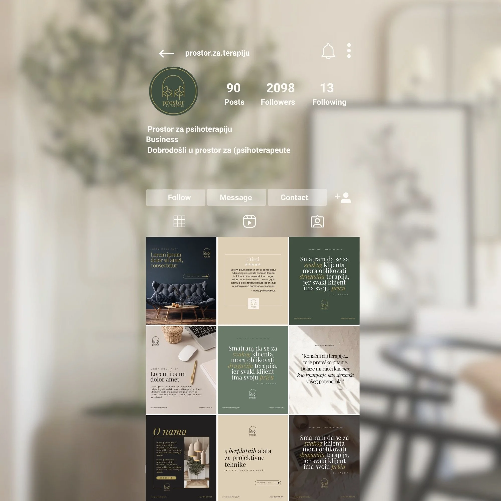 Instagram feed design for psychotherapy brand identity with cohesive visual system in warm green and neutral tones