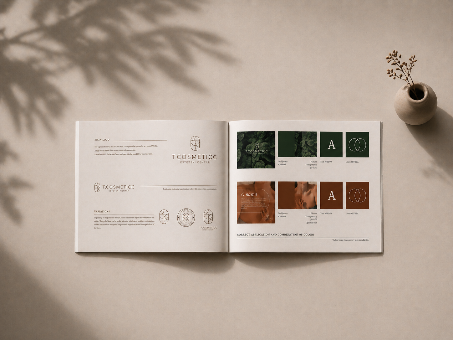 Editorial mockup of T Cosmeticc skincare brand guidelines book showing logo system, color palette and visual identity