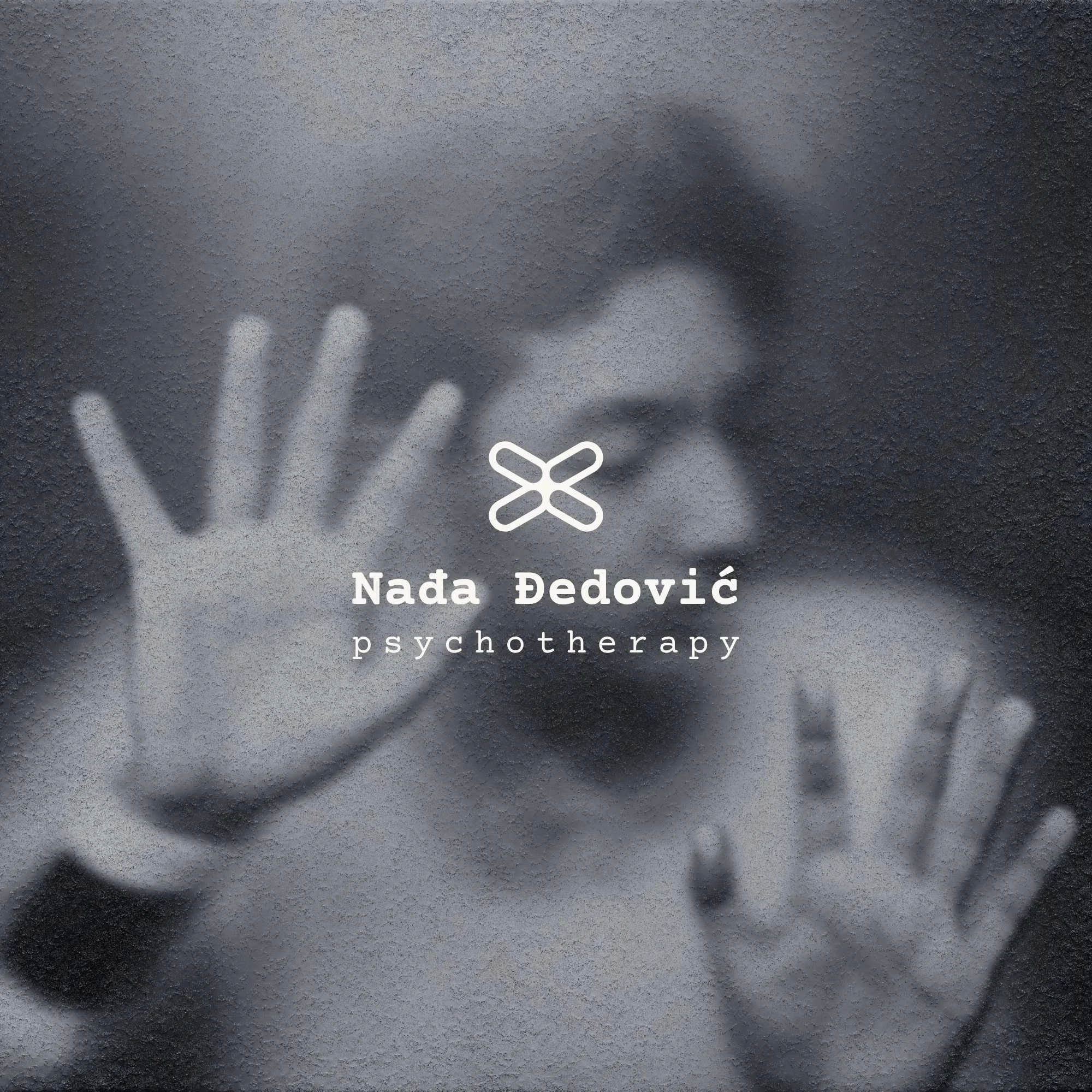 Blurred black-and-white editorial portrait with grain texture and minimalist logo for Nađa Đedović Psychotherapy brand identity