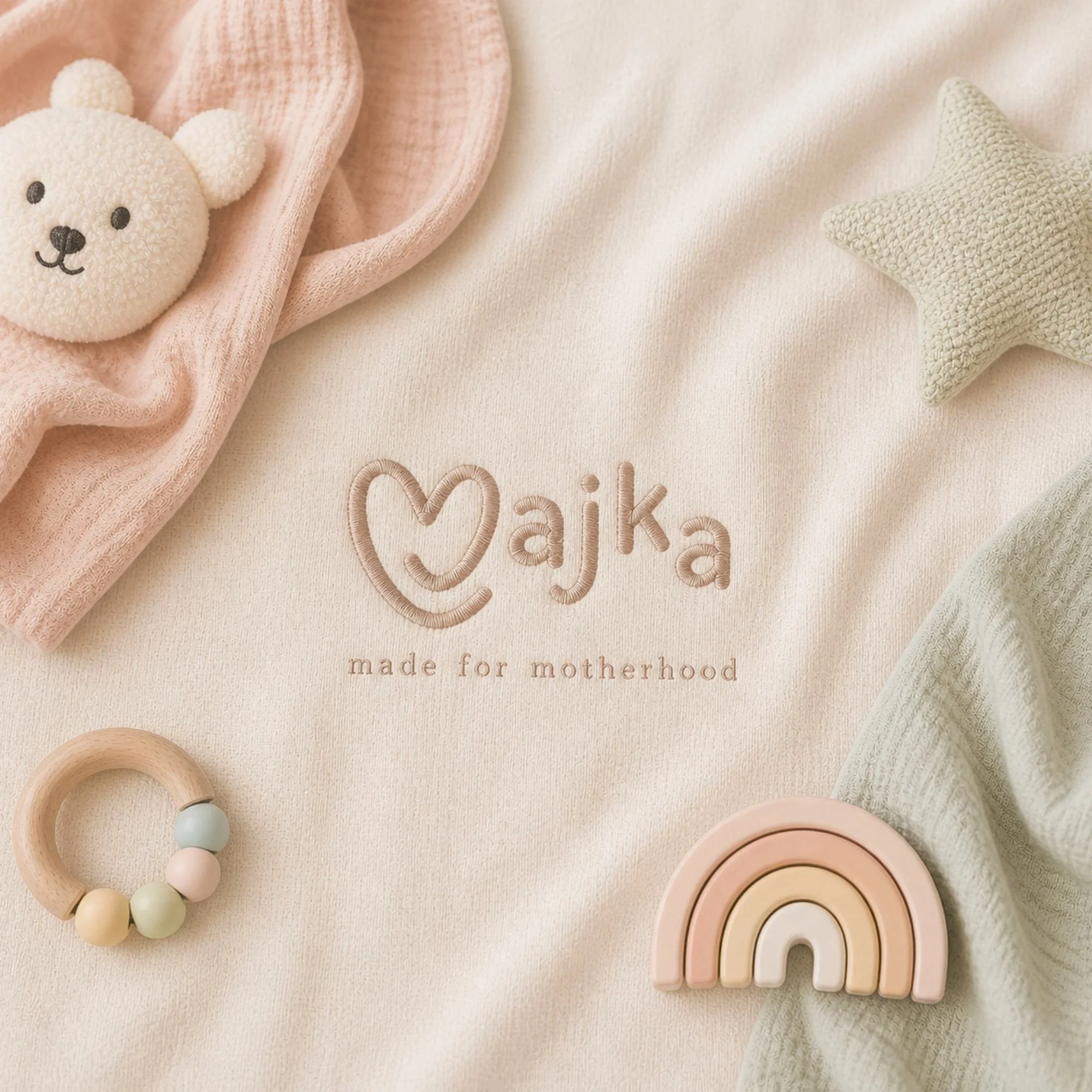 Editorial brand identity presentation for Majka, a premium motherhood clothing brand with embroidered logo, soft baby textures, pastel tones, and calm lifestyle aesthetic