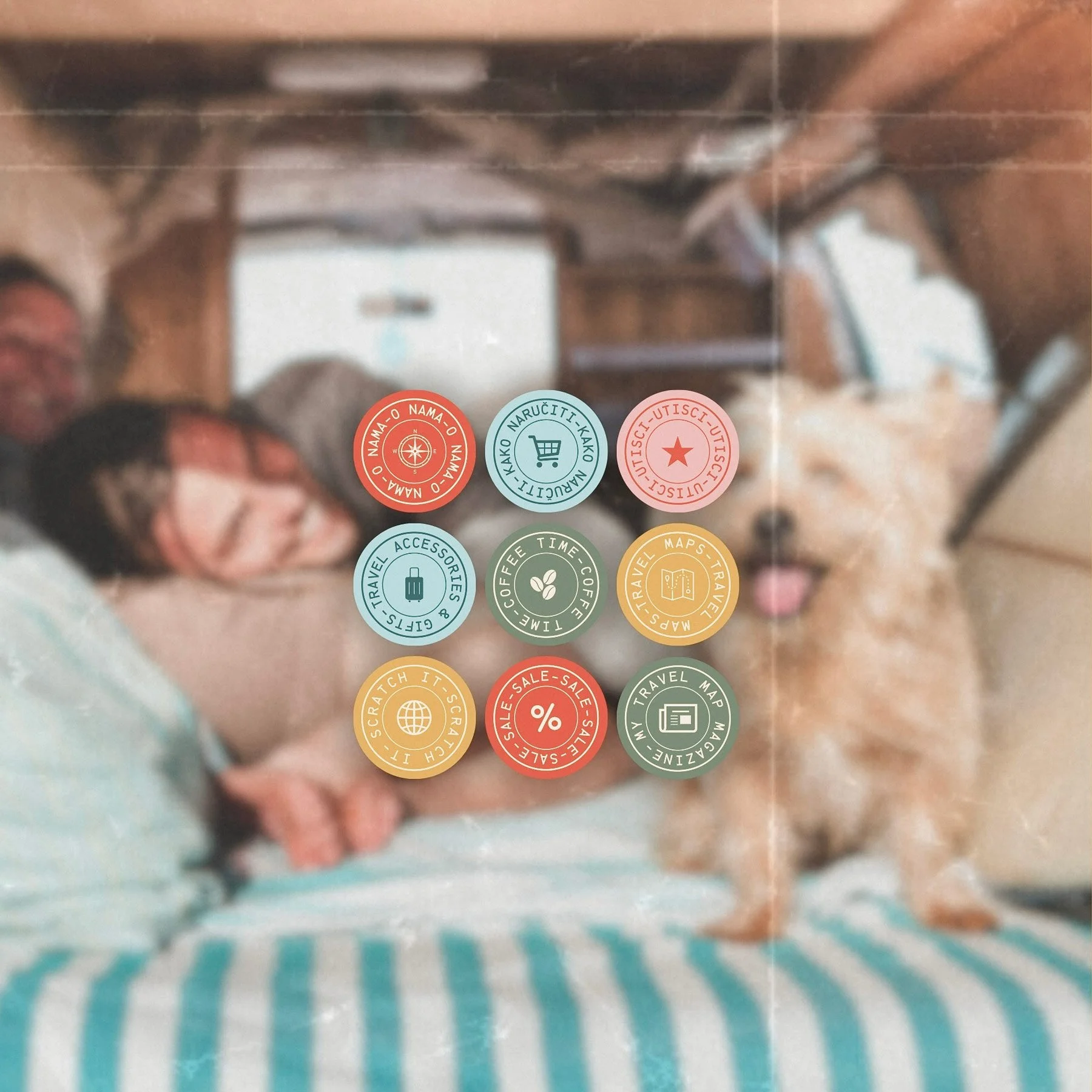 My Travel Map badge icon collection mockup featuring colorful travel-themed stickers over a lifestyle background with a Mediterranean aesthetic