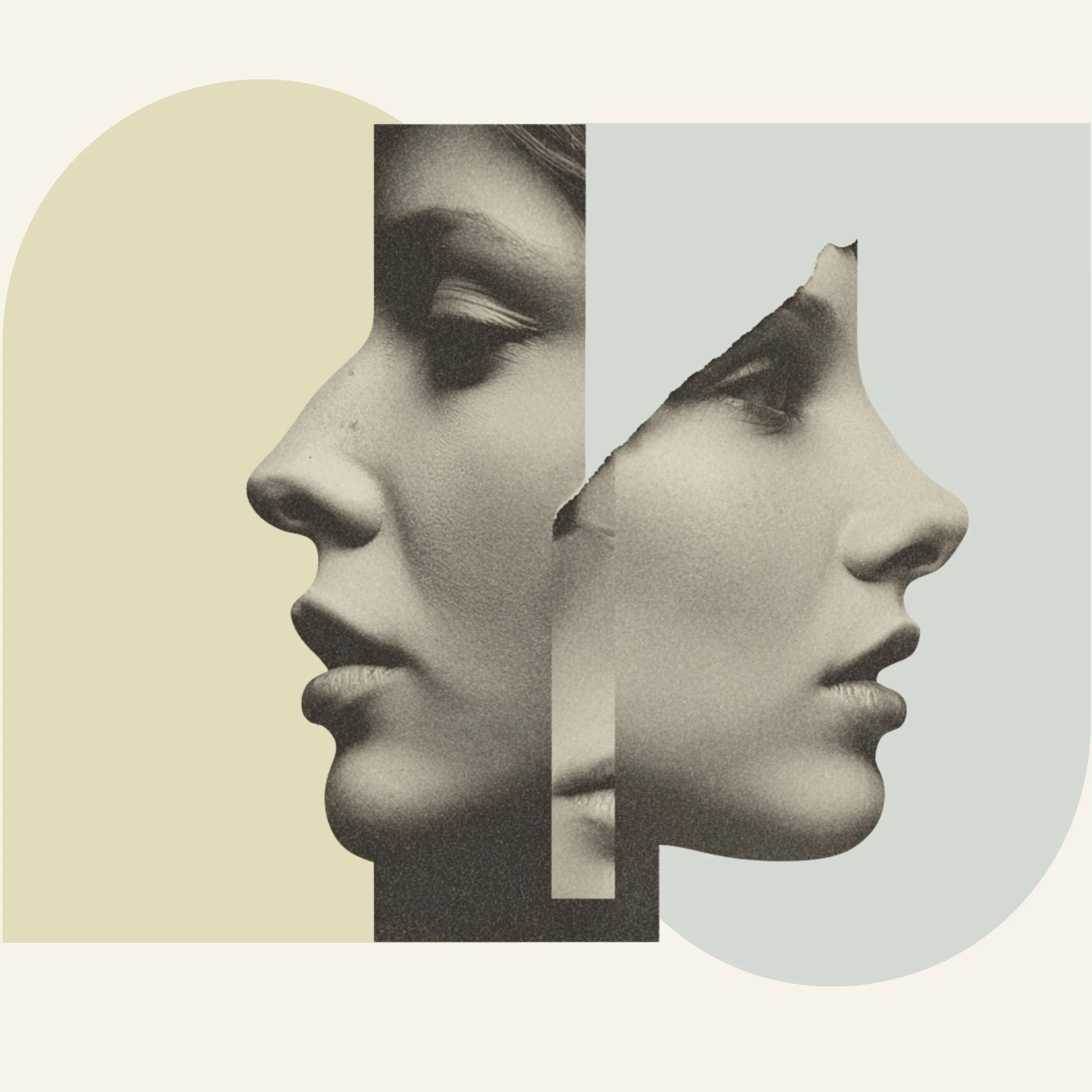 Editorial collage hero image for Forma Creativa Studio featuring fragmented portrait composition symbolizing brand identity, alignment and visual transformation