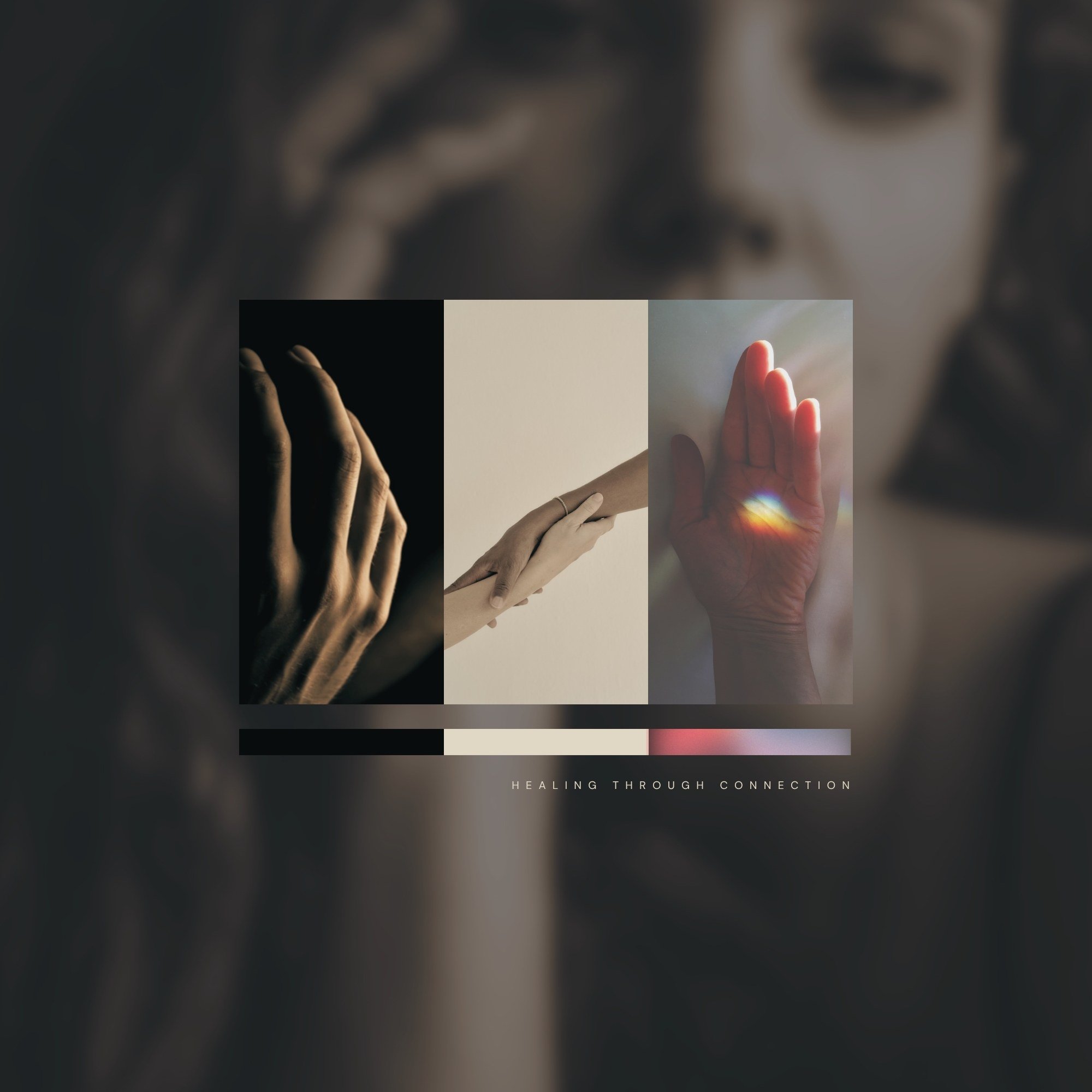Conceptual brand essence artwork for Sanja Infinitely featuring symbolic healing hands, soft blur portrait photography, muted neutral tones, and spiritual light gradients representing emotional healing and human connection