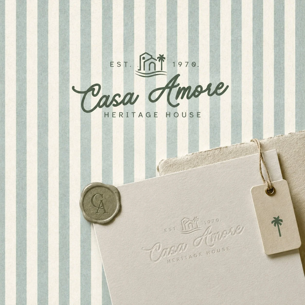Vintage inspired brand identity concept for Casa Amore Heritage House featuring striped editorial background and Mediterranean aesthetic
